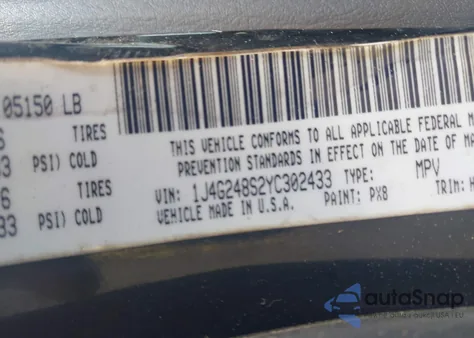 2000 Jeep Grand Cherokee Laredo z USA, uszkodzony, nr VIN 1J4G248S2YC302433